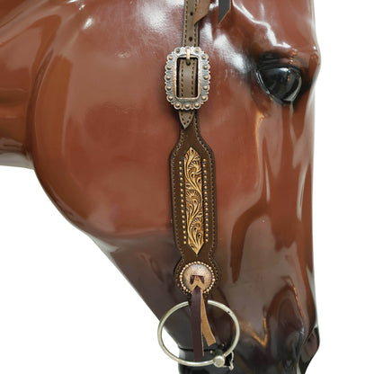 Western Leather Headstall and Breast Collar Tack Set with Hand-Carved Border, Tiny Copper Studs, Matching Slot Conchos, and Burgundy Leather Laces MOUSM