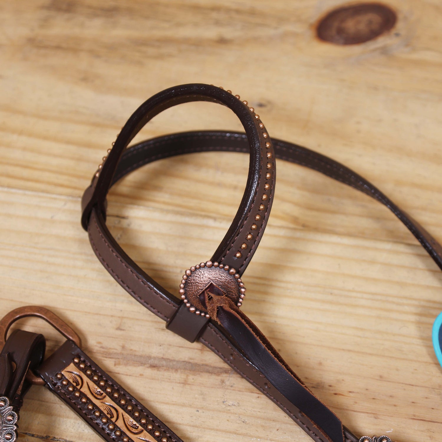 Western Leather Headstall and Breast Collar Tack Set with Hand-Carved Border, Tiny Copper Studs, Matching Slot Conchos, and Burgundy Leather Laces MOUSM