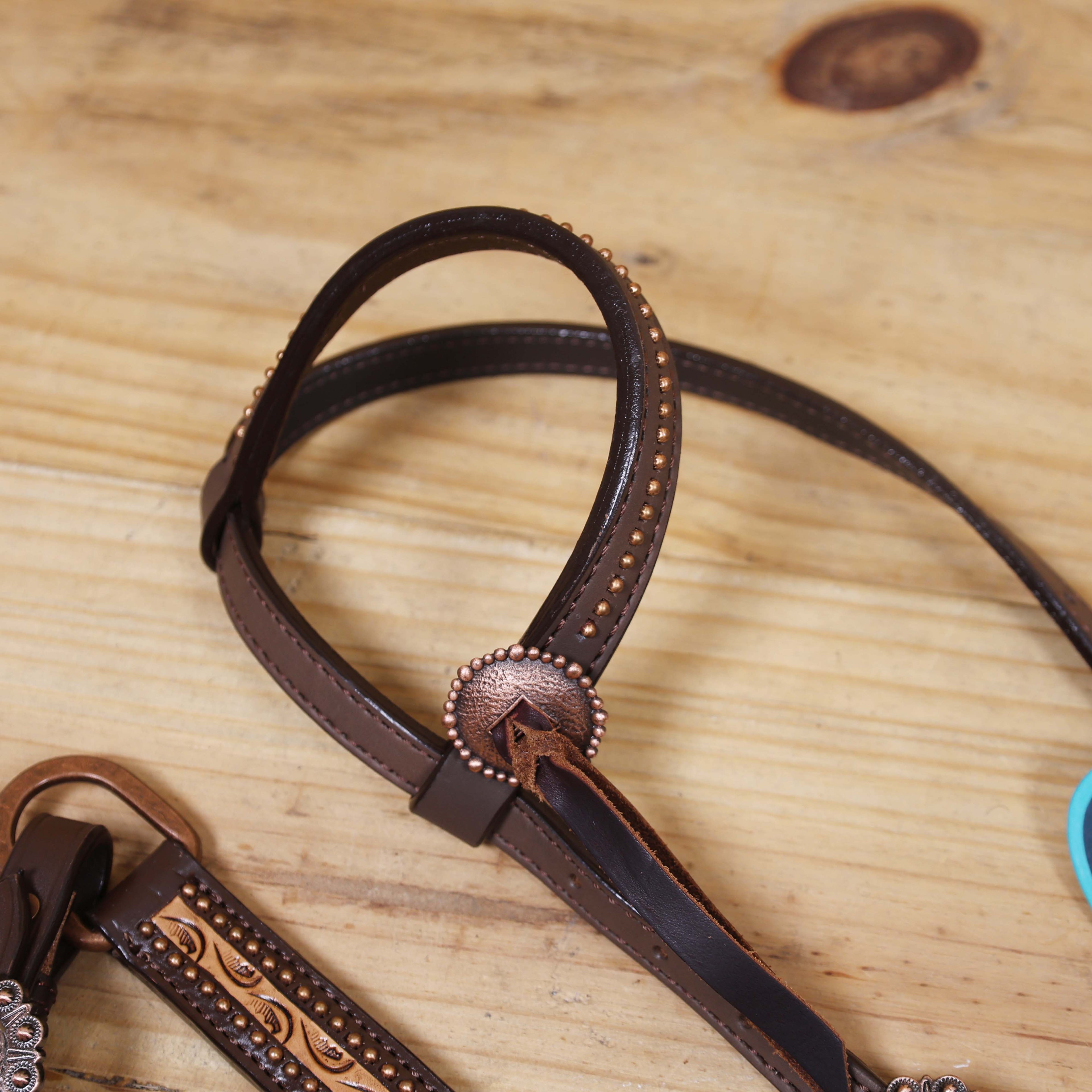 Western Leather Headstall and Breast Collar Tack Set with Hand-Carved Border, Tiny Copper Studs, Matching Slot Conchos, and Burgundy Leather Laces MOUSM