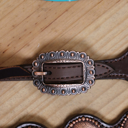 Western Leather Headstall and Breast Collar Tack Set with Hand-Carved Border, Tiny Copper Studs, Matching Slot Conchos, and Burgundy Leather Laces MOUSM
