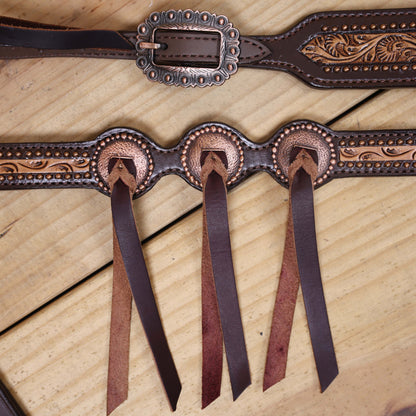 Western Leather Headstall and Breast Collar Tack Set with Hand-Carved Border, Tiny Copper Studs, Matching Slot Conchos, and Burgundy Leather Laces MOUSM