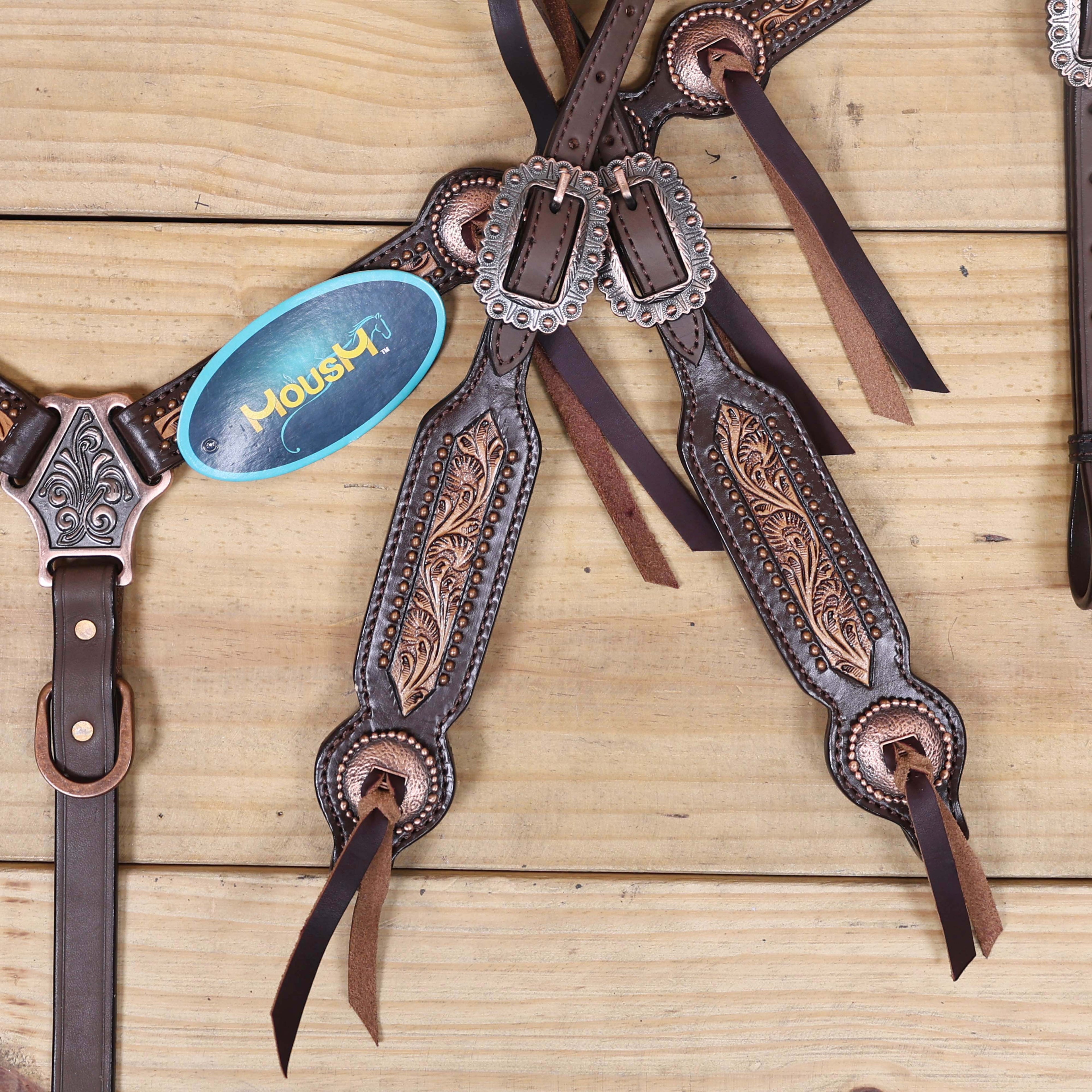 Western Leather Headstall and Breast Collar Tack Set with Hand-Carved Border, Tiny Copper Studs, Matching Slot Conchos, and Burgundy Leather Laces MOUSM