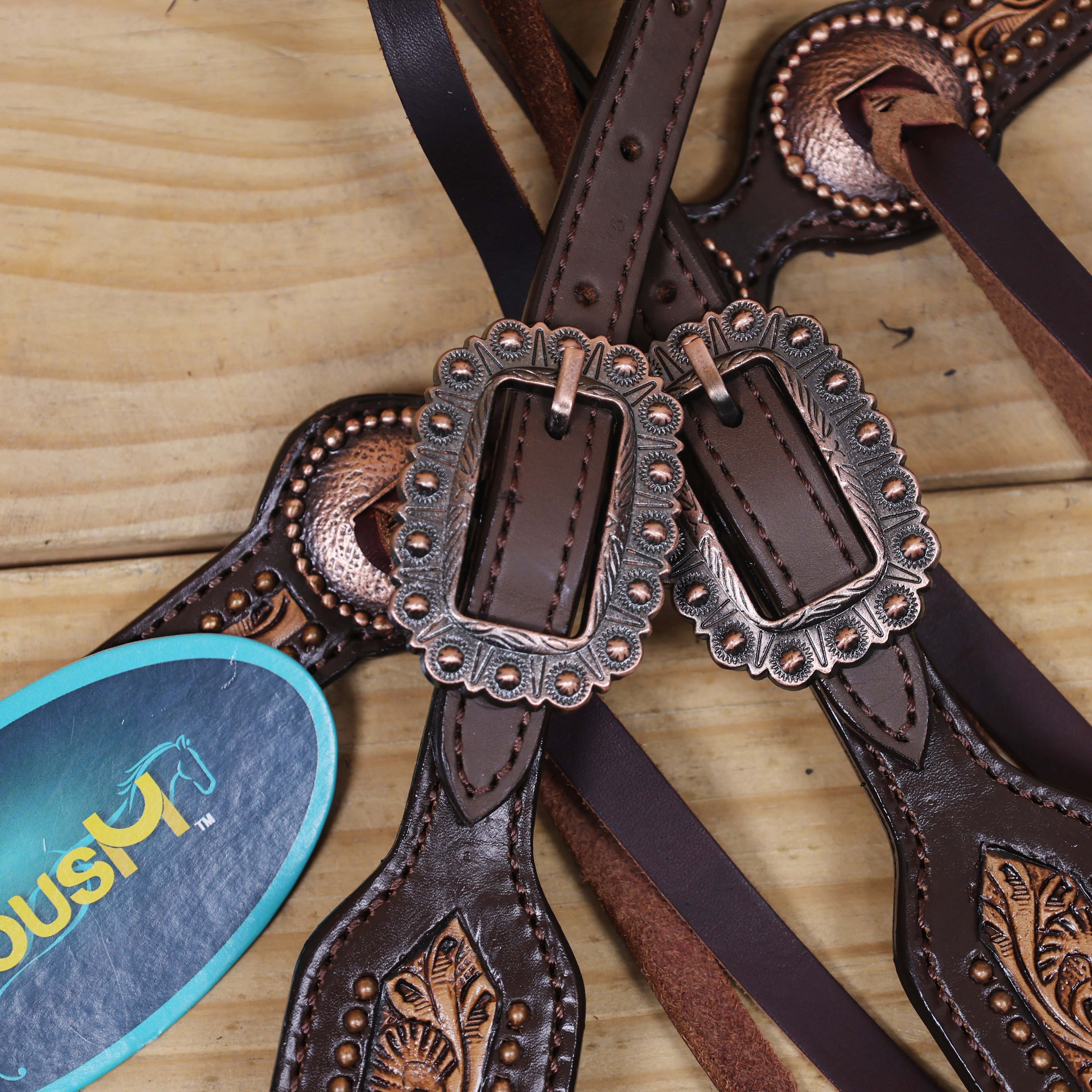 Western Leather Headstall and Breast Collar Tack Set with Hand-Carved Border, Tiny Copper Studs, Matching Slot Conchos, and Burgundy Leather Laces MOUSM