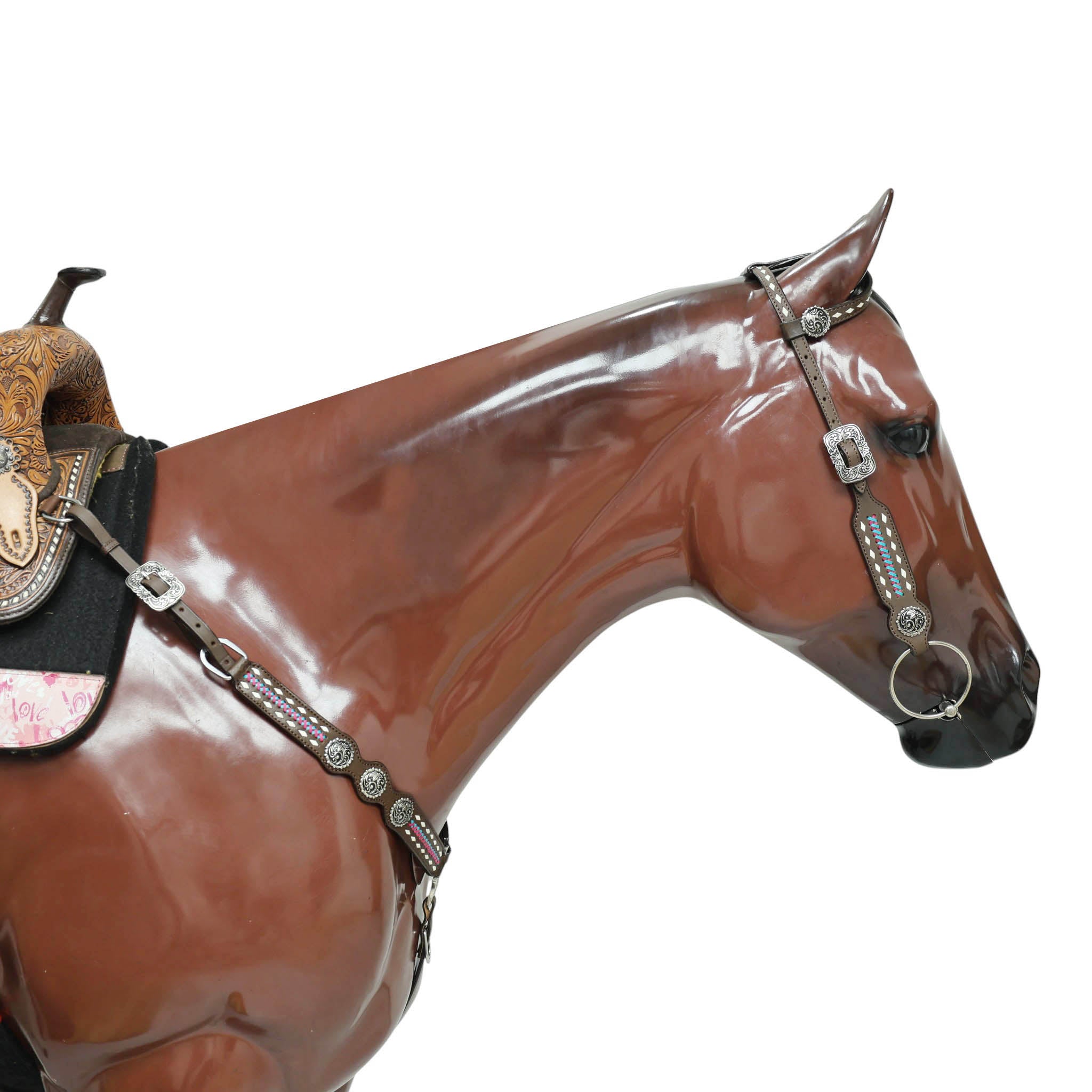 Western Headstall and Breast Collar Set with White Rawhide Braiding, Teal and Purple Crisscross Design, and Silver Antique Finish Hardware MOUSM