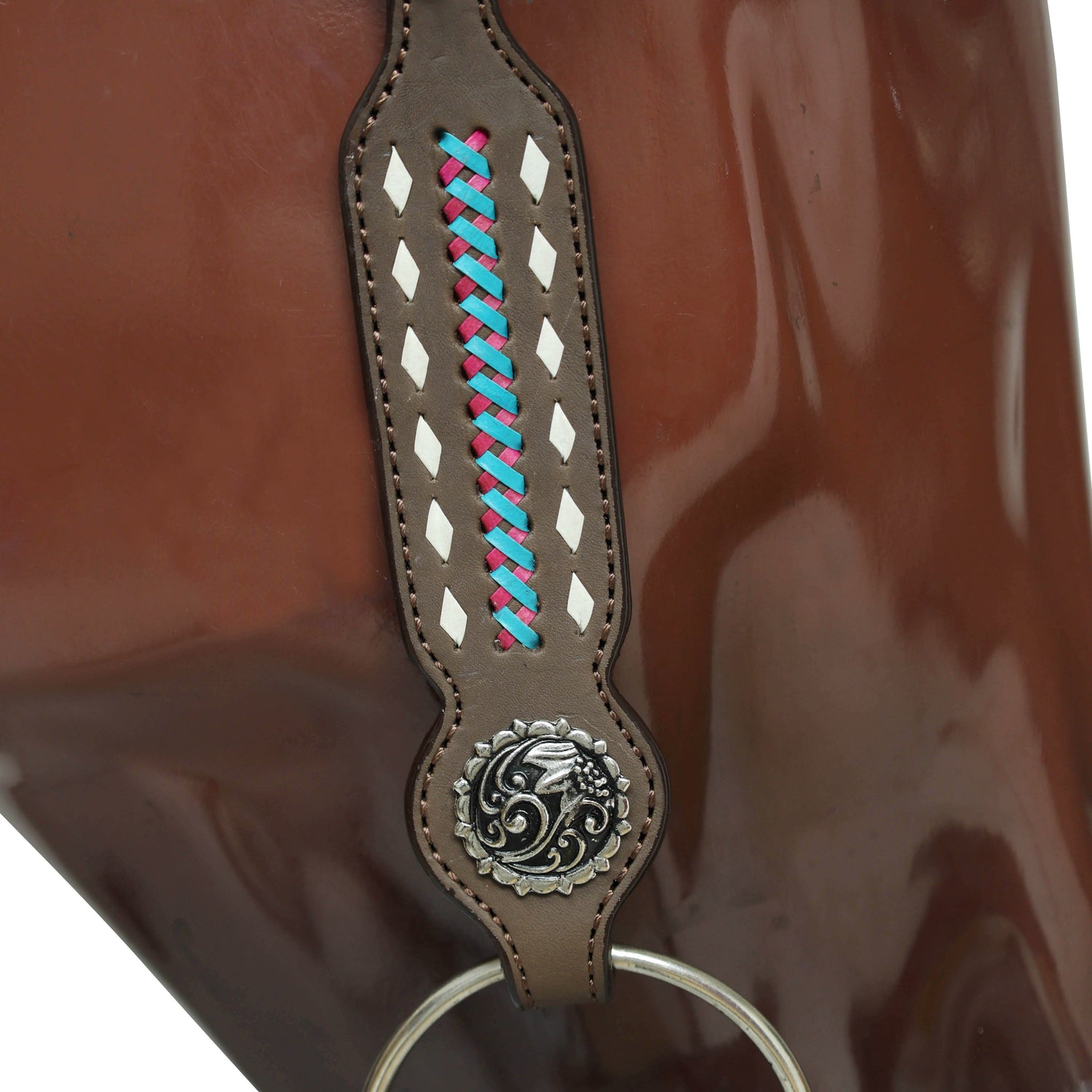 Western Headstall and Breast Collar Set with White Rawhide Braiding, Teal and Purple Crisscross Design, and Silver Antique Finish Hardware MOUSM