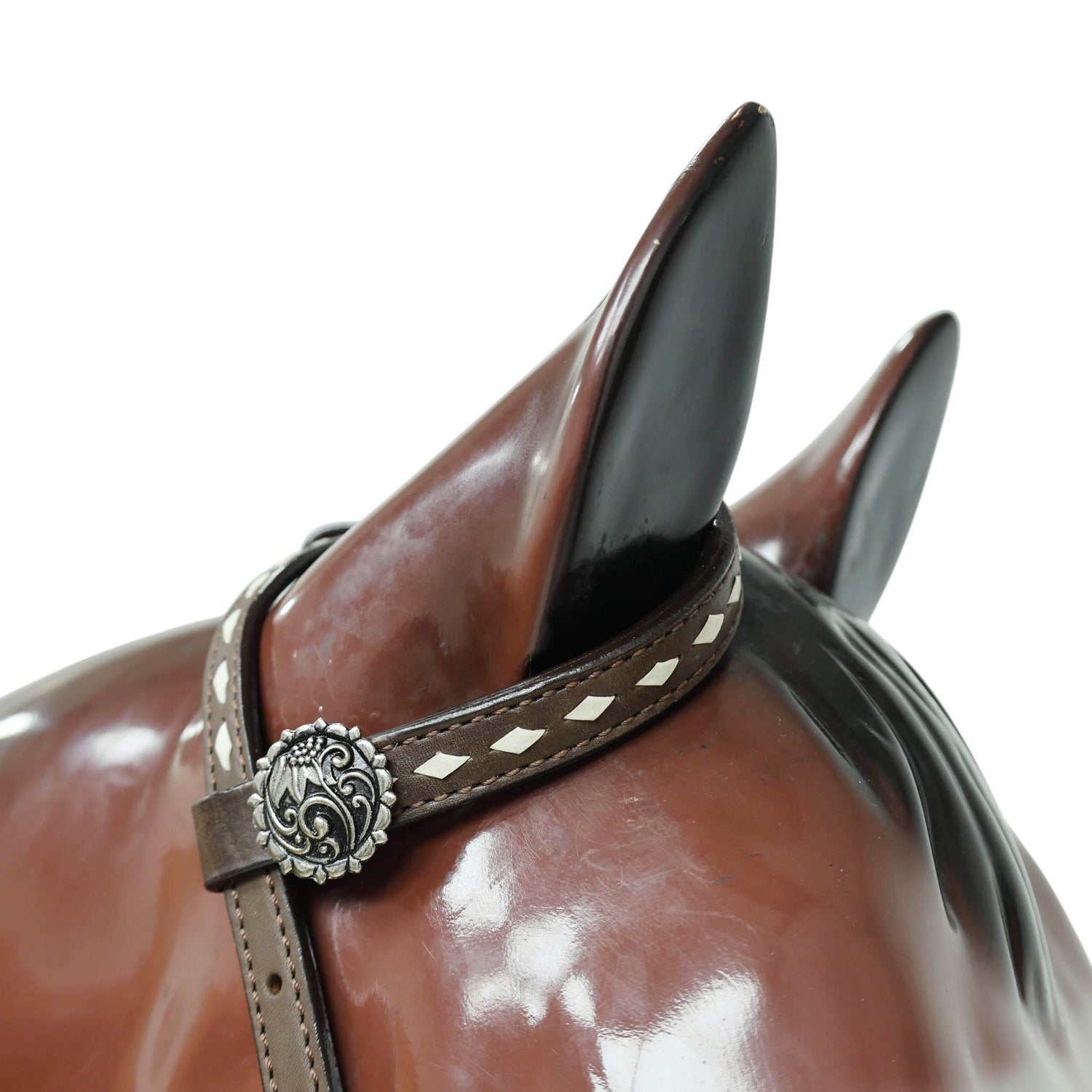 Western Headstall and Breast Collar Set with White Rawhide Braiding, Teal and Purple Crisscross Design, and Silver Antique Finish Hardware MOUSM