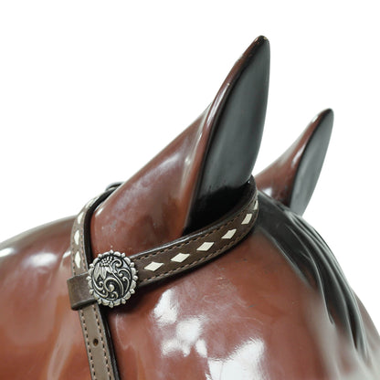 Western Headstall and Breast Collar Set with White Rawhide Braiding, Teal and Purple Crisscross Design, and Silver Antique Finish Hardware MOUSM