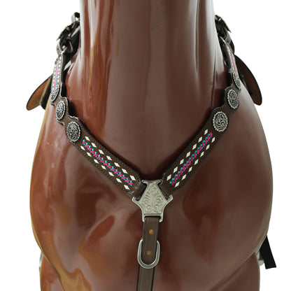 Western Headstall and Breast Collar Set with White Rawhide Braiding, Teal and Purple Crisscross Design, and Silver Antique Finish Hardware MOUSM