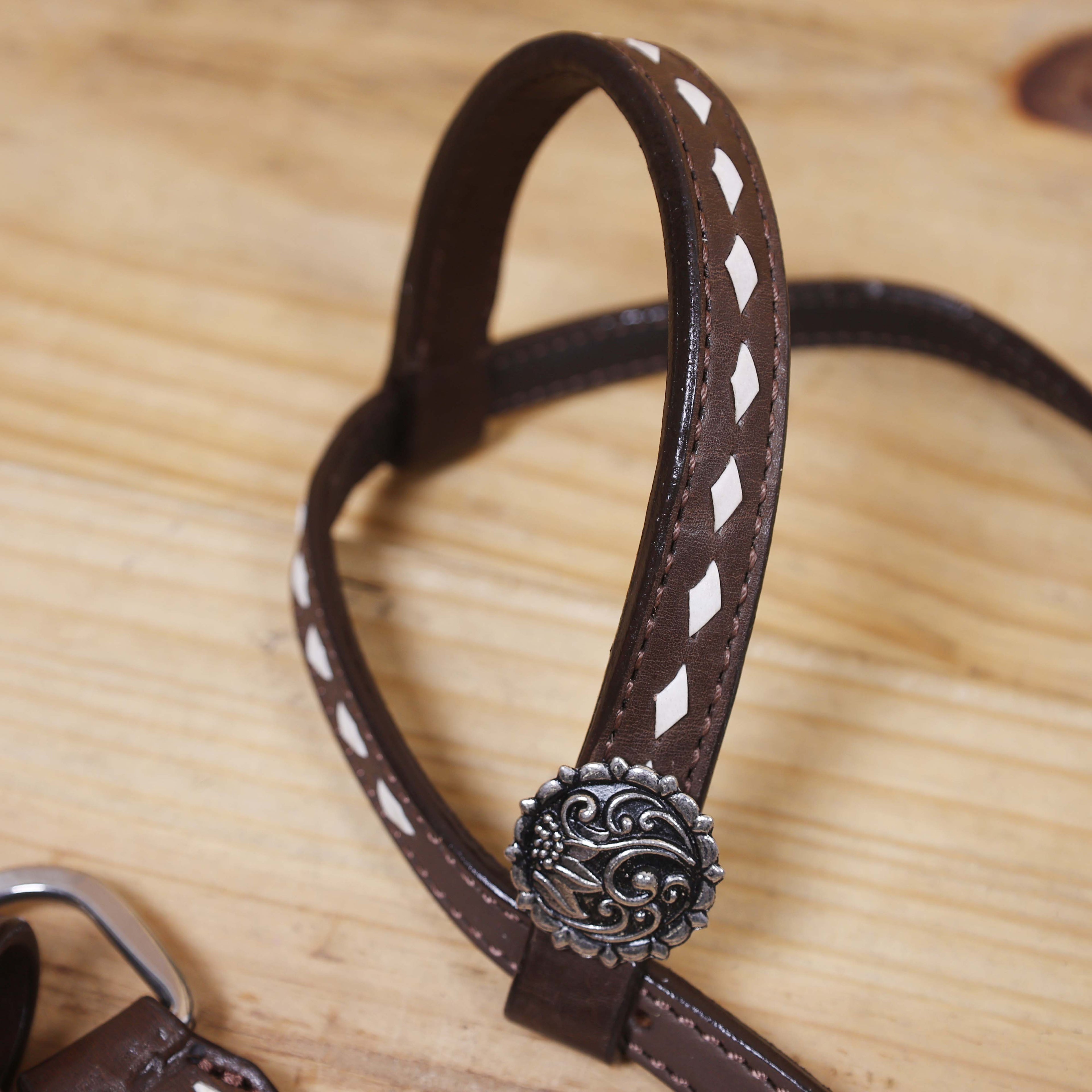 Western Headstall and Breast Collar Set with White Rawhide Braiding, Teal and Purple Crisscross Design, and Silver Antique Finish Hardware MOUSM