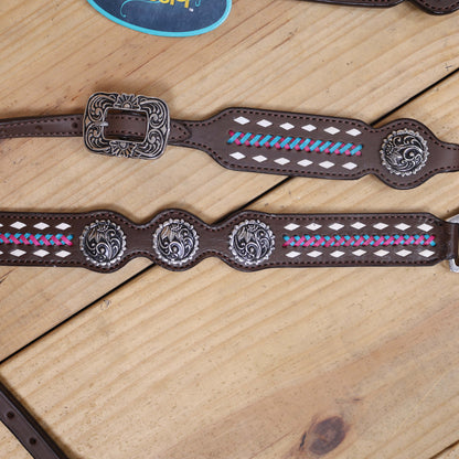 Western Headstall and Breast Collar Set with White Rawhide Braiding, Teal and Purple Crisscross Design, and Silver Antique Finish Hardware MOUSM