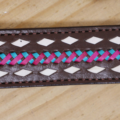 Western Headstall and Breast Collar Set with White Rawhide Braiding, Teal and Purple Crisscross Design, and Silver Antique Finish Hardware MOUSM