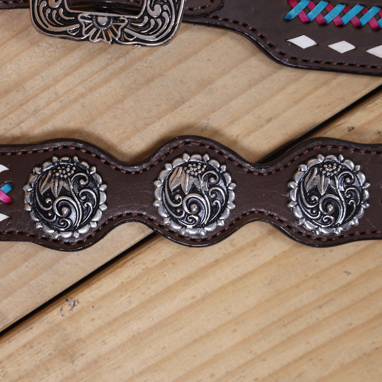 Western Headstall and Breast Collar Set with White Rawhide Braiding, Teal and Purple Crisscross Design, and Silver Antique Finish Hardware MOUSM