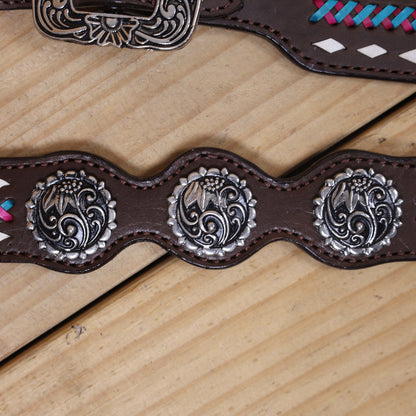 Western Headstall and Breast Collar Set with White Rawhide Braiding, Teal and Purple Crisscross Design, and Silver Antique Finish Hardware MOUSM