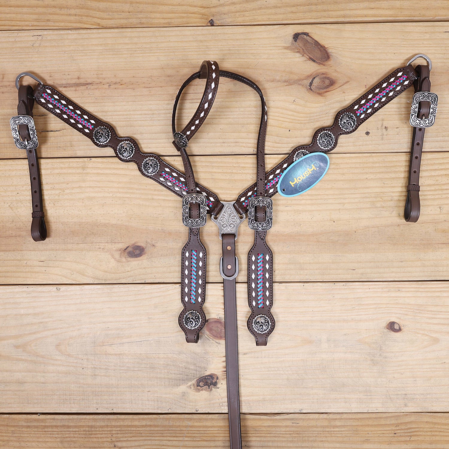 MOUSM handcrafted teal and purple Western tack set Argentina cow leather with colorful crisscross braiding