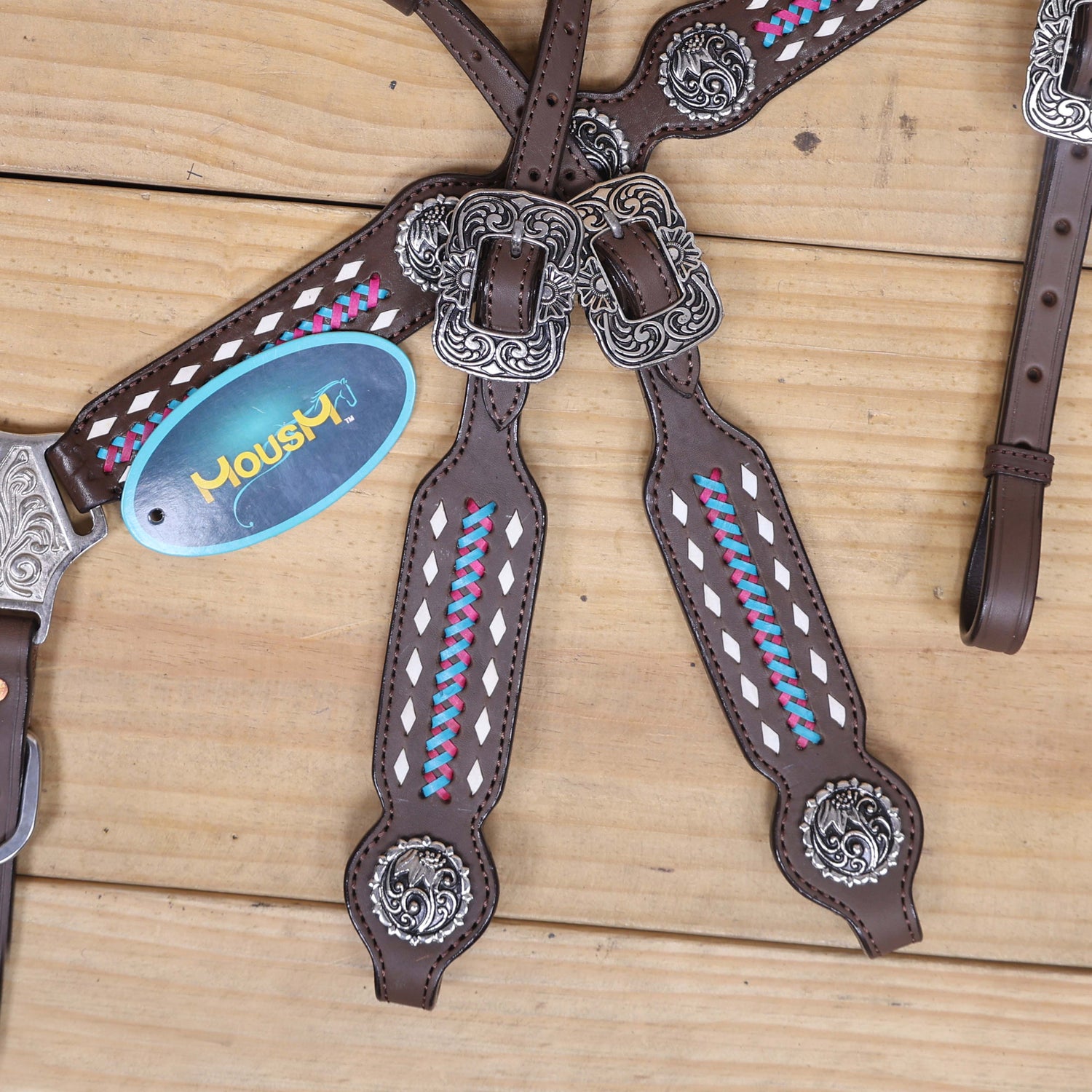 Western Headstall and Breast Collar Set with White Rawhide Braiding, Teal and Purple Crisscross Design, and Silver Antique Finish Hardware MOUSM