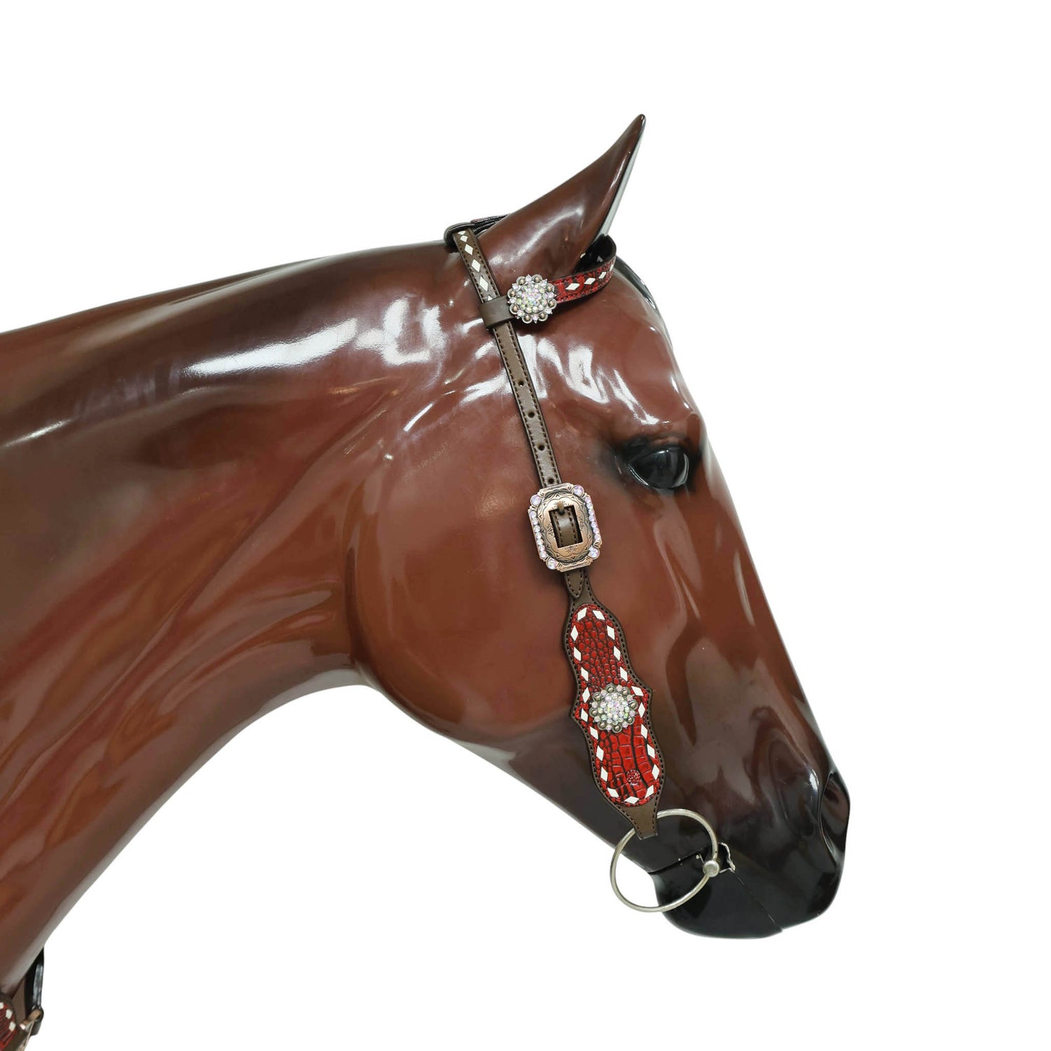 Western One Ear Headstall Set Decorated with Red Alligator Leather, White Rawhide Buck Stitching, and AB Rhinestone Berry Conchos MOUSM