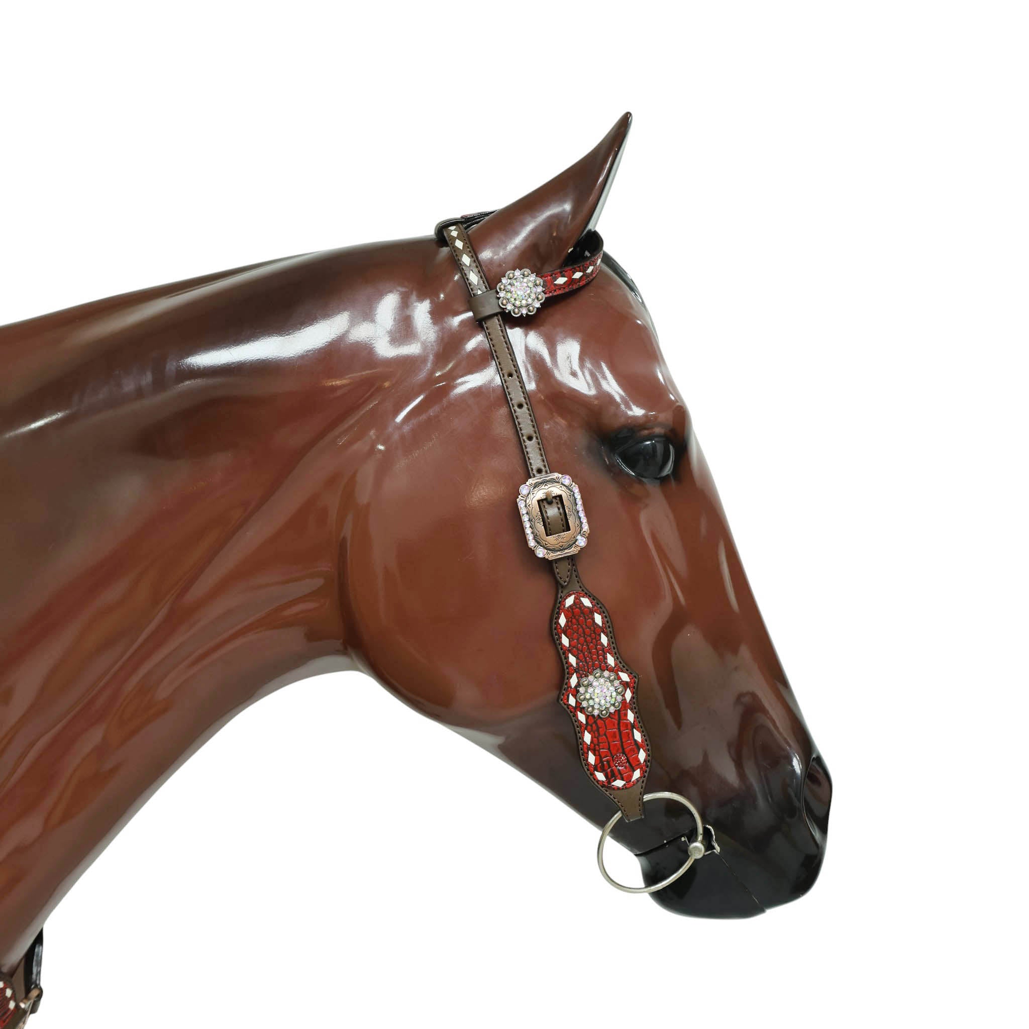 Western One Ear Headstall Set Decorated with Red Alligator Leather, White Rawhide Buck Stitching, and AB Rhinestone Berry Conchos MOUSM
