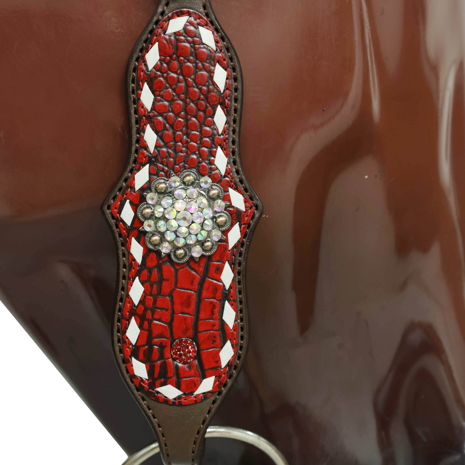 Western One Ear Headstall Set Decorated with Red Alligator Leather, White Rawhide Buck Stitching, and AB Rhinestone Berry Conchos MOUSM