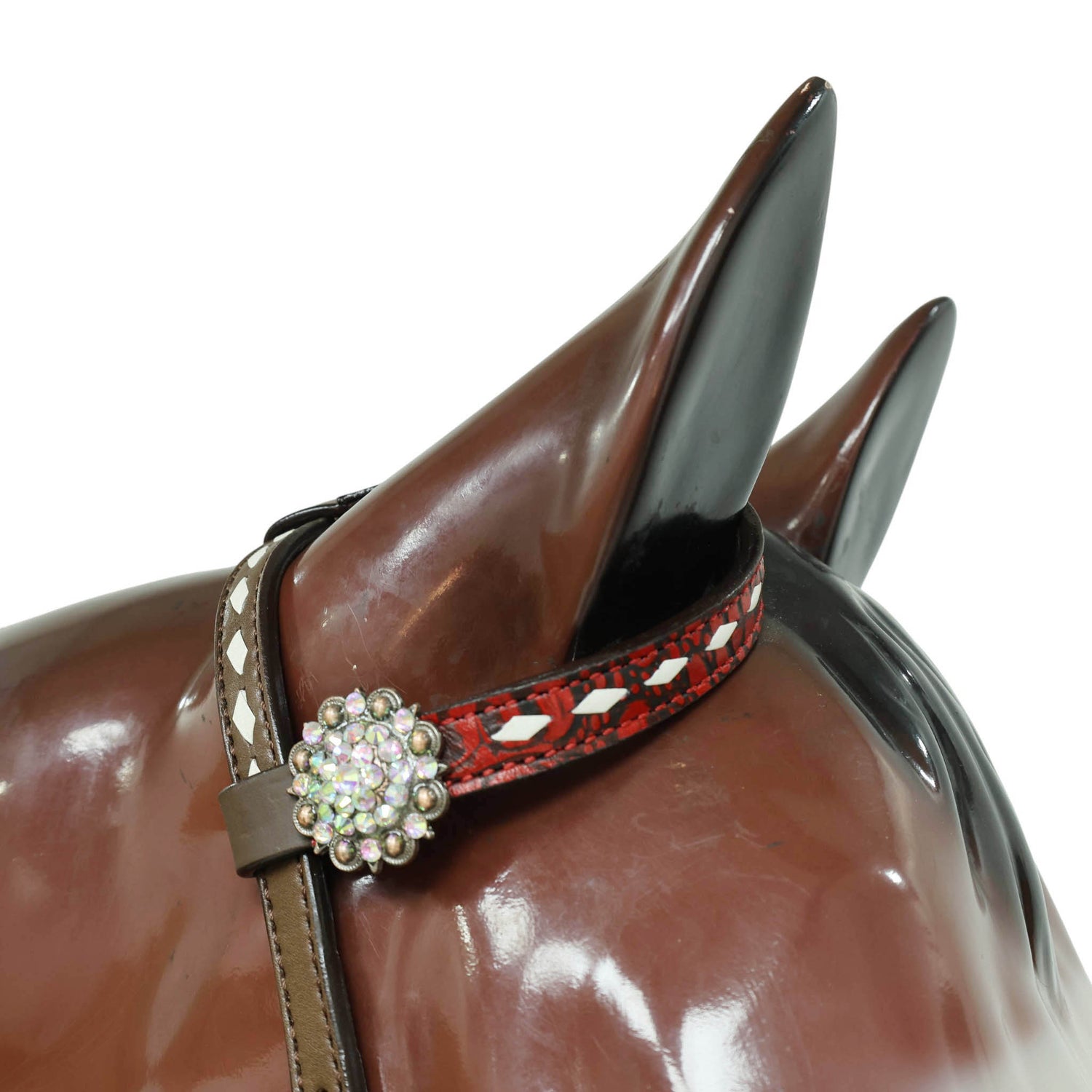 Western One Ear Headstall Set Decorated with Red Alligator Leather, White Rawhide Buck Stitching, and AB Rhinestone Berry Conchos MOUSM