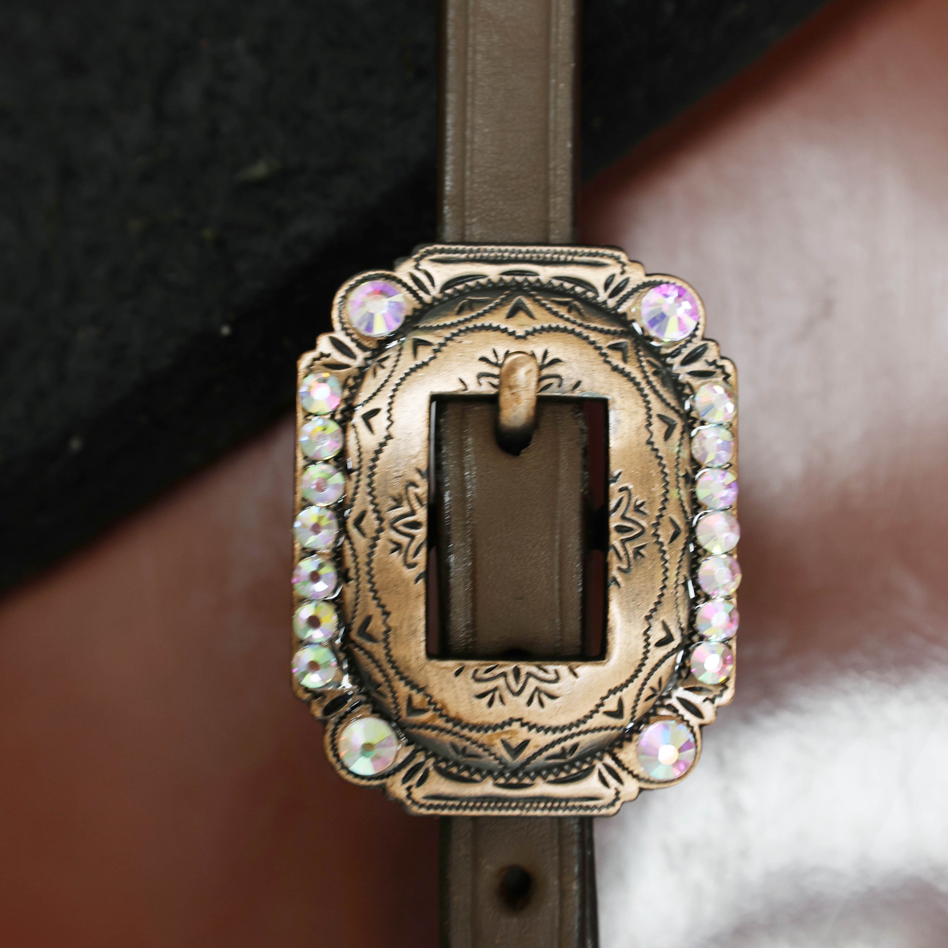 Western One Ear Headstall Set Decorated with Red Alligator Leather, White Rawhide Buck Stitching, and AB Rhinestone Berry Conchos MOUSM