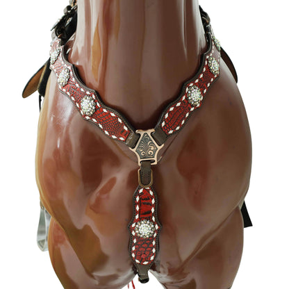 Western One Ear Headstall Set Decorated with Red Alligator Leather, White Rawhide Buck Stitching, and AB Rhinestone Berry Conchos MOUSM