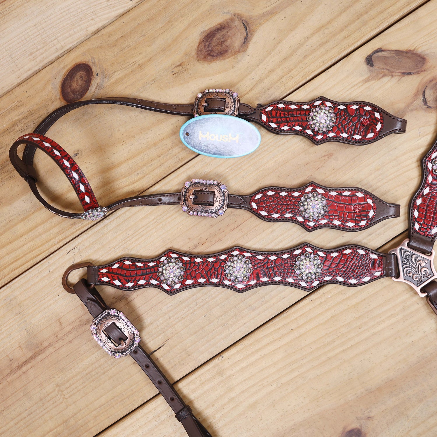 Western One Ear Headstall Set Decorated with Red Alligator Leather, White Rawhide Buck Stitching, and AB Rhinestone Berry Conchos MOUSM