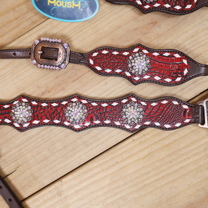 Western One Ear Headstall Set Decorated with Red Alligator Leather, White Rawhide Buck Stitching, and AB Rhinestone Berry Conchos MOUSM