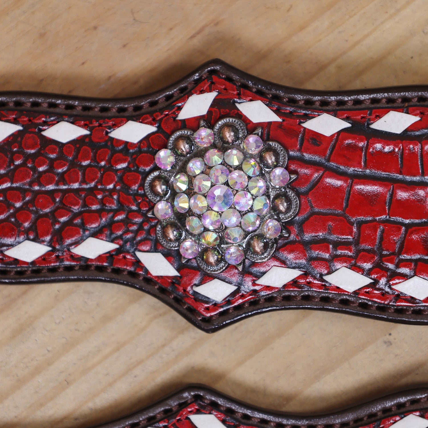 Western One Ear Headstall Set Decorated with Red Alligator Leather, White Rawhide Buck Stitching, and AB Rhinestone Berry Conchos MOUSM