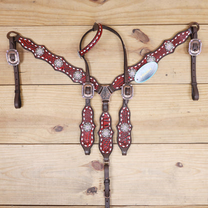 Western headstall and breast collar set red alligator leather Handcrafted Argentina cow leather tack with AB rhinestone conchos