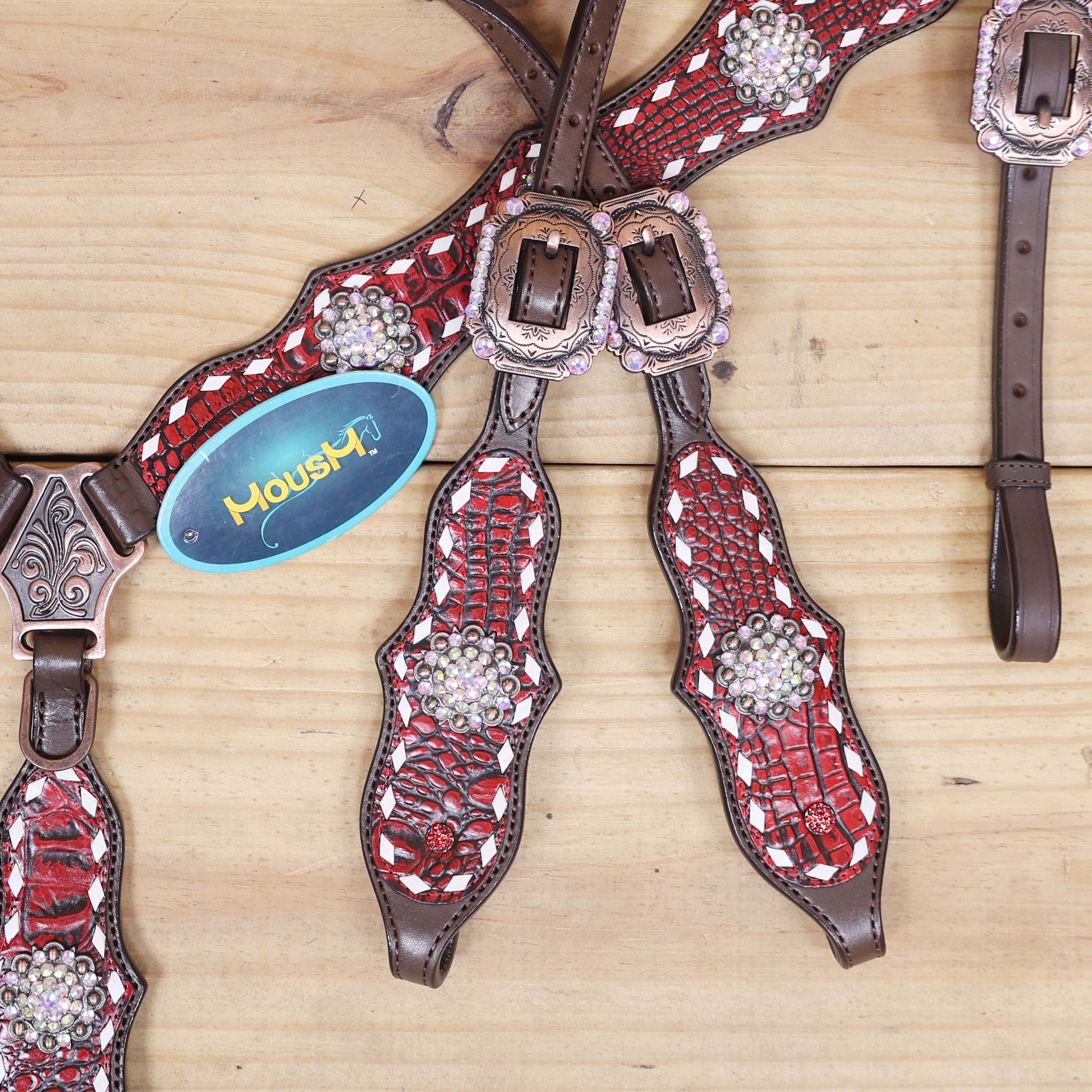 Western One Ear Headstall Set Decorated with Red Alligator Leather, White Rawhide Buck Stitching, and AB Rhinestone Berry Conchos MOUSM