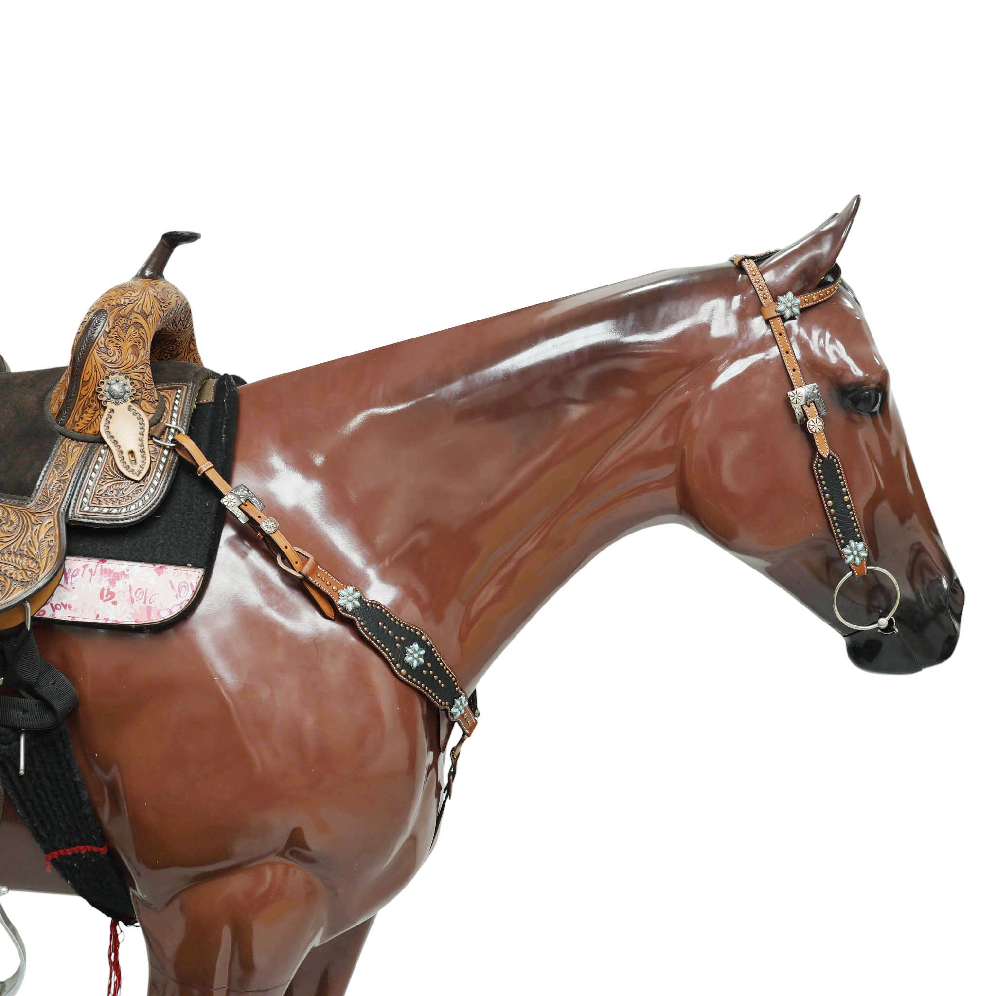 Western Headstall and Breast Collar Set with Plain Brown Leather with Black Alligator Leather Textured, Copper Studs, and Turquoise Stone Flower Conchos MOUSM