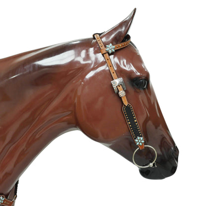 Western Headstall and Breast Collar Set with Plain Brown Leather with Black Alligator Leather Textured, Copper Studs, and Turquoise Stone Flower Conchos MOUSM