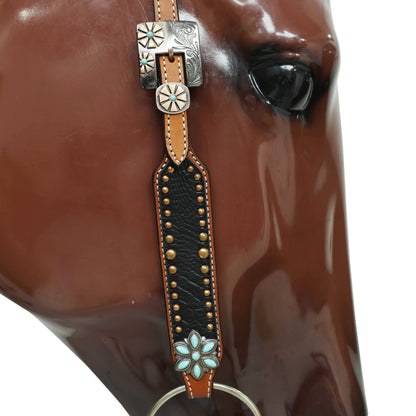 Western Headstall and Breast Collar Set with Plain Brown Leather with Black Alligator Leather Textured, Copper Studs, and Turquoise Stone Flower Conchos MOUSM