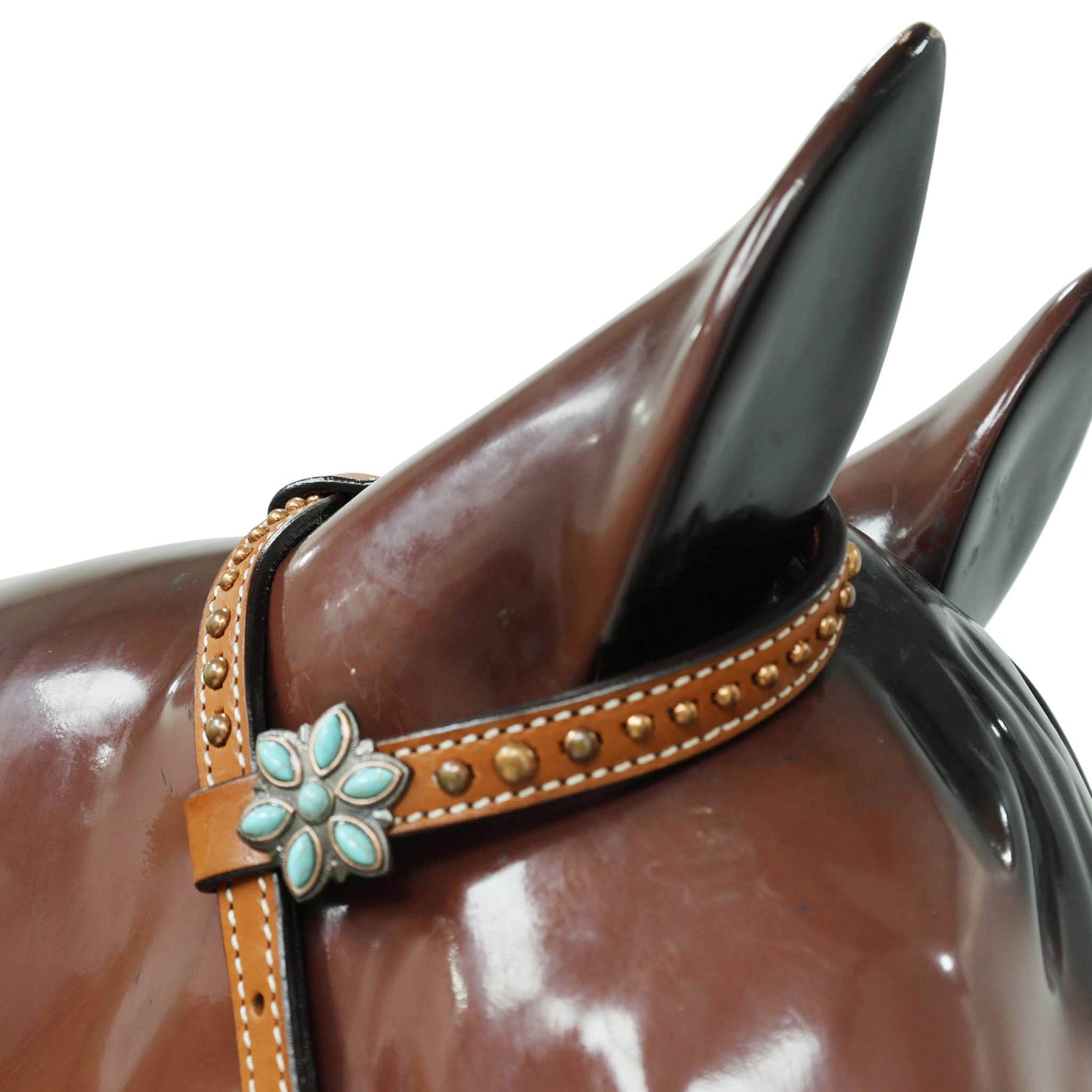Western Headstall and Breast Collar Set with Plain Brown Leather with Black Alligator Leather Textured, Copper Studs, and Turquoise Stone Flower Conchos MOUSM