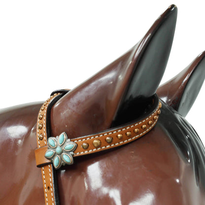 Western Headstall and Breast Collar Set with Plain Brown Leather with Black Alligator Leather Textured, Copper Studs, and Turquoise Stone Flower Conchos MOUSM