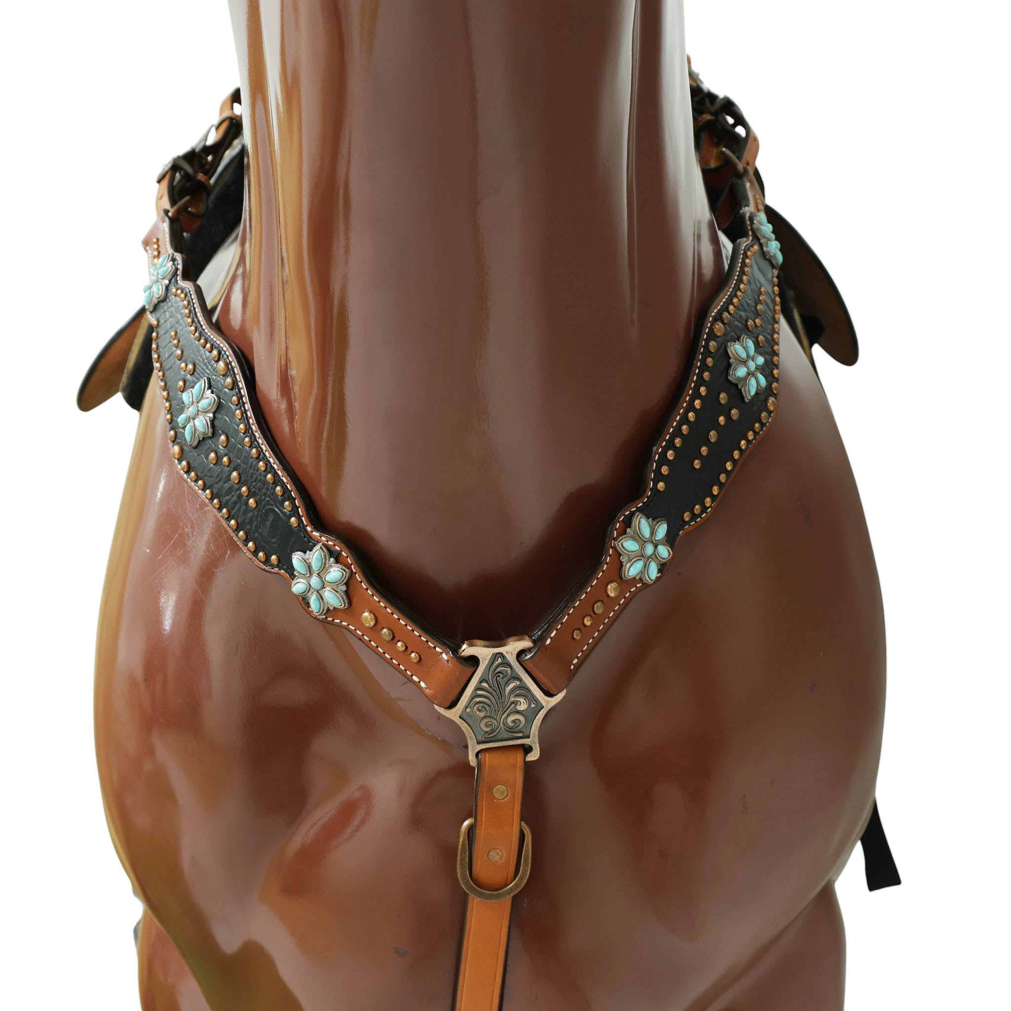 Western Headstall and Breast Collar Set with Plain Brown Leather with Black Alligator Leather Textured, Copper Studs, and Turquoise Stone Flower Conchos MOUSM
