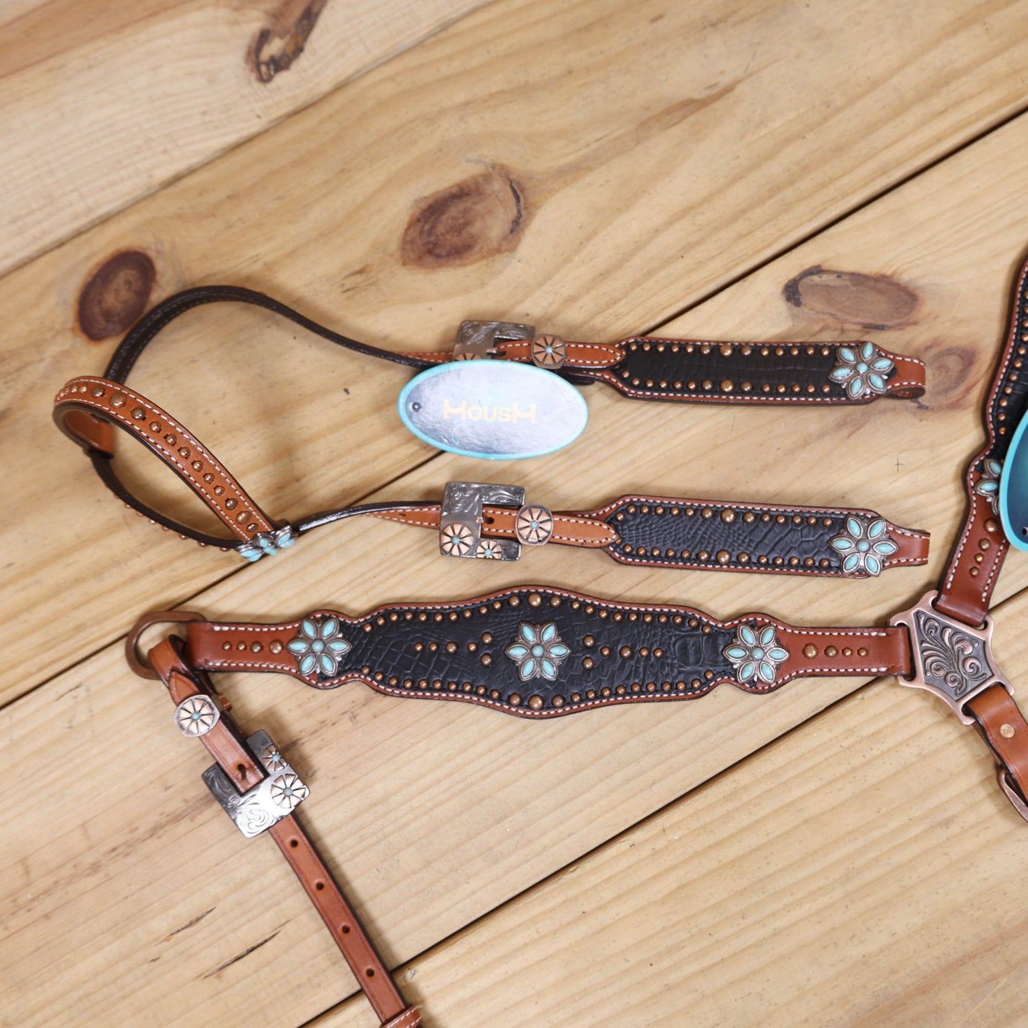Western Headstall and Breast Collar Set with Plain Brown Leather with Black Alligator Leather Textured, Copper Studs, and Turquoise Stone Flower Conchos MOUSM