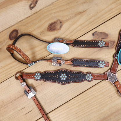 Western Headstall and Breast Collar Set with Plain Brown Leather with Black Alligator Leather Textured, Copper Studs, and Turquoise Stone Flower Conchos MOUSM