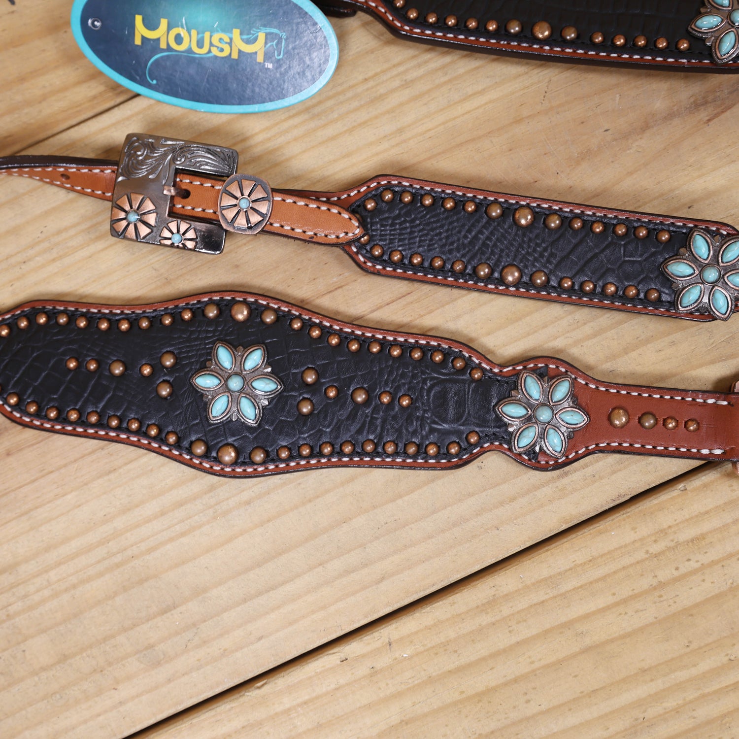 Western Headstall and Breast Collar Set with Plain Brown Leather with Black Alligator Leather Textured, Copper Studs, and Turquoise Stone Flower Conchos MOUSM