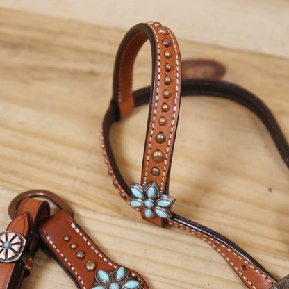 Western Headstall and Breast Collar Set with Plain Brown Leather with Black Alligator Leather Textured, Copper Studs, and Turquoise Stone Flower Conchos MOUSM