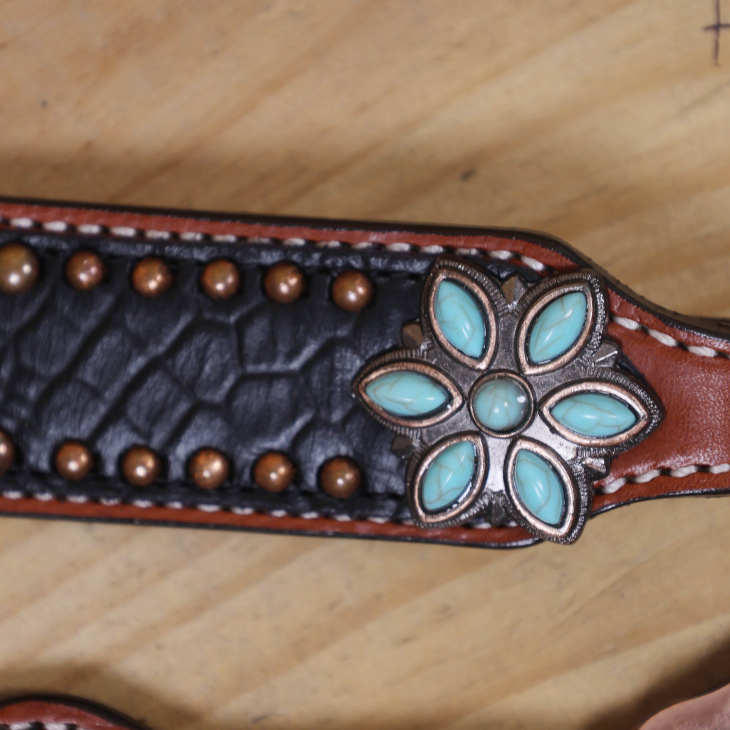 Western Headstall and Breast Collar Set with Plain Brown Leather with Black Alligator Leather Textured, Copper Studs, and Turquoise Stone Flower Conchos MOUSM