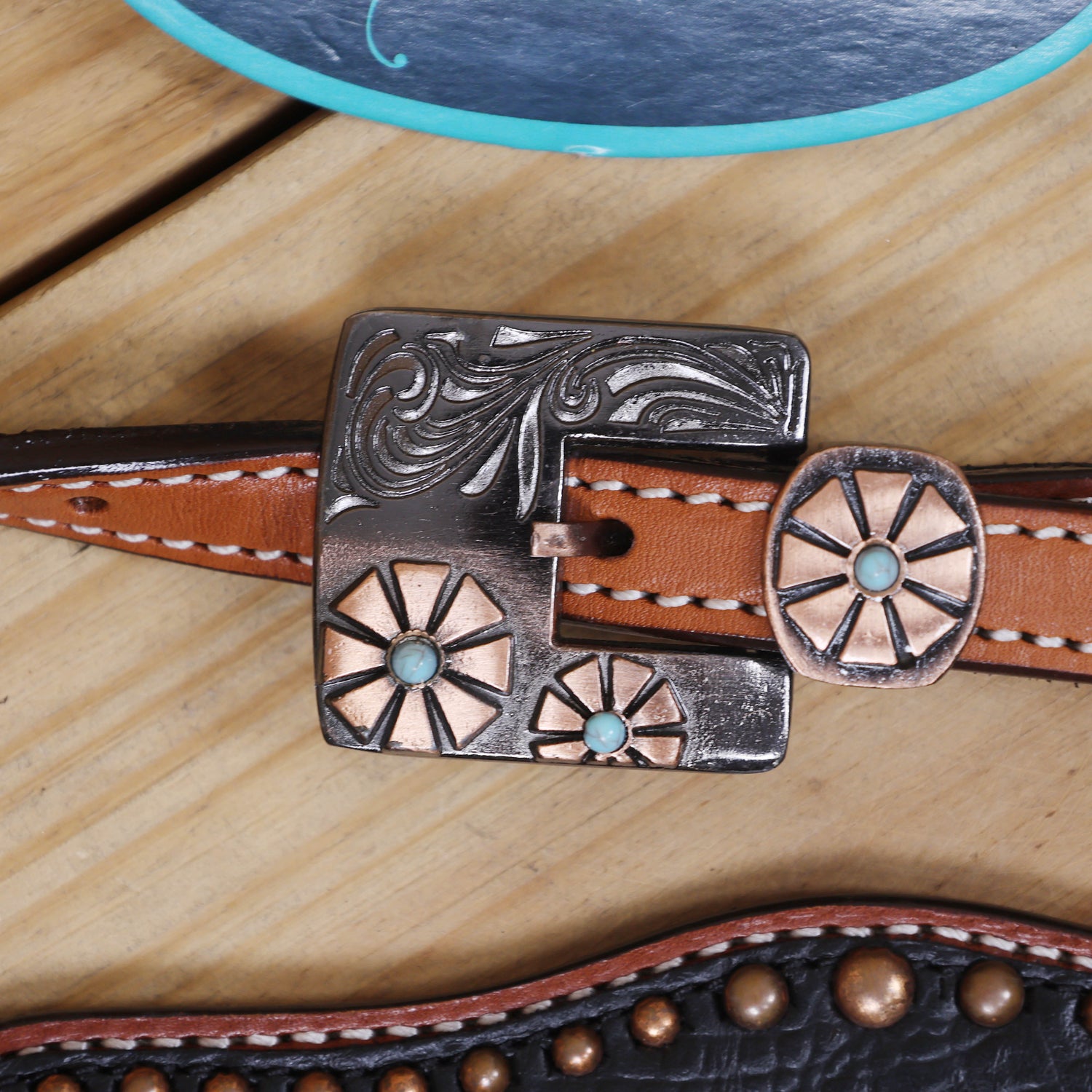 Western Headstall and Breast Collar Set with Plain Brown Leather with Black Alligator Leather Textured, Copper Studs, and Turquoise Stone Flower Conchos MOUSM