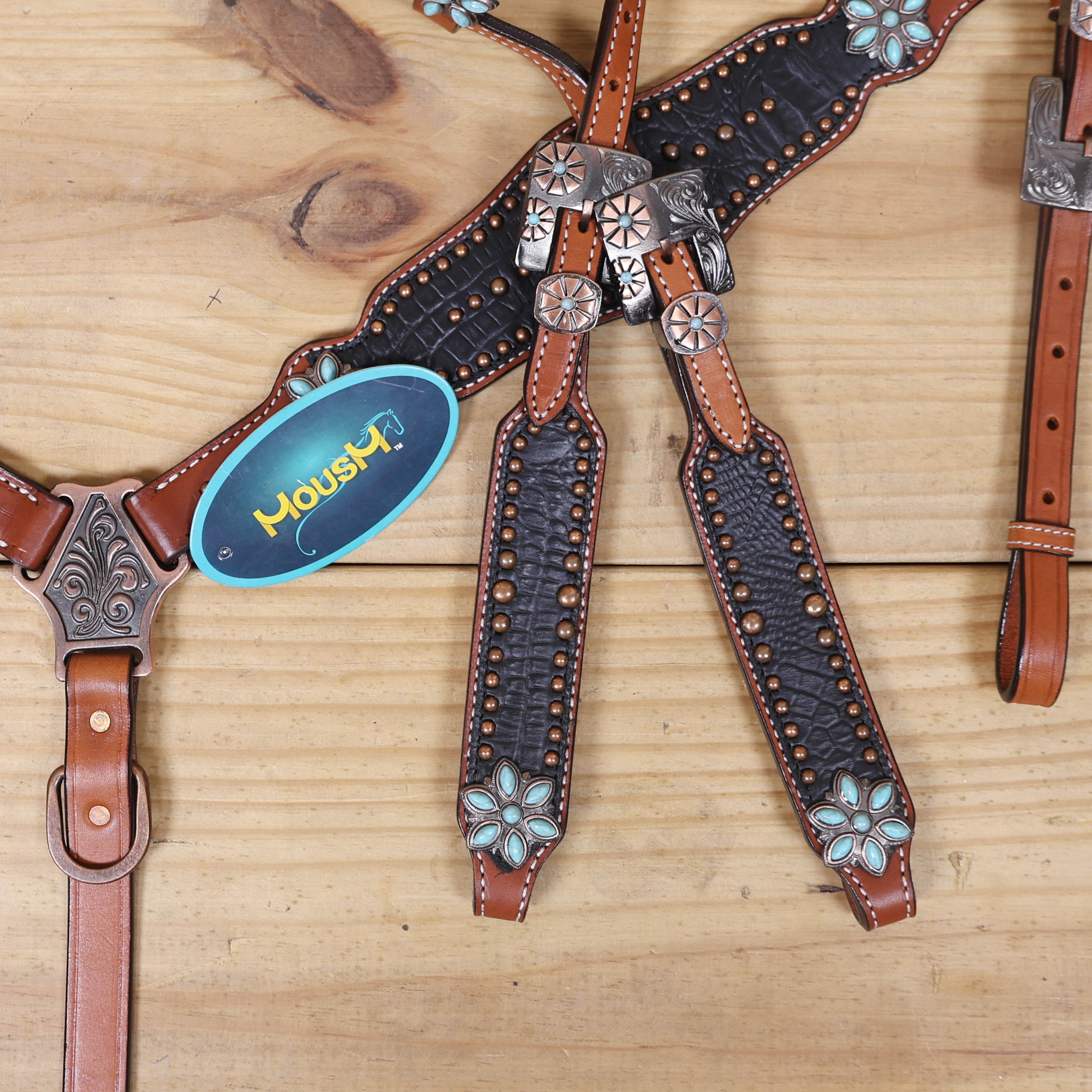 Western Headstall and Breast Collar Set with Plain Brown Leather with Black Alligator Leather Textured, Copper Studs, and Turquoise Stone Flower Conchos MOUSM