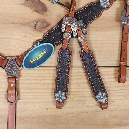 Western Headstall and Breast Collar Set with Plain Brown Leather with Black Alligator Leather Textured, Copper Studs, and Turquoise Stone Flower Conchos MOUSM