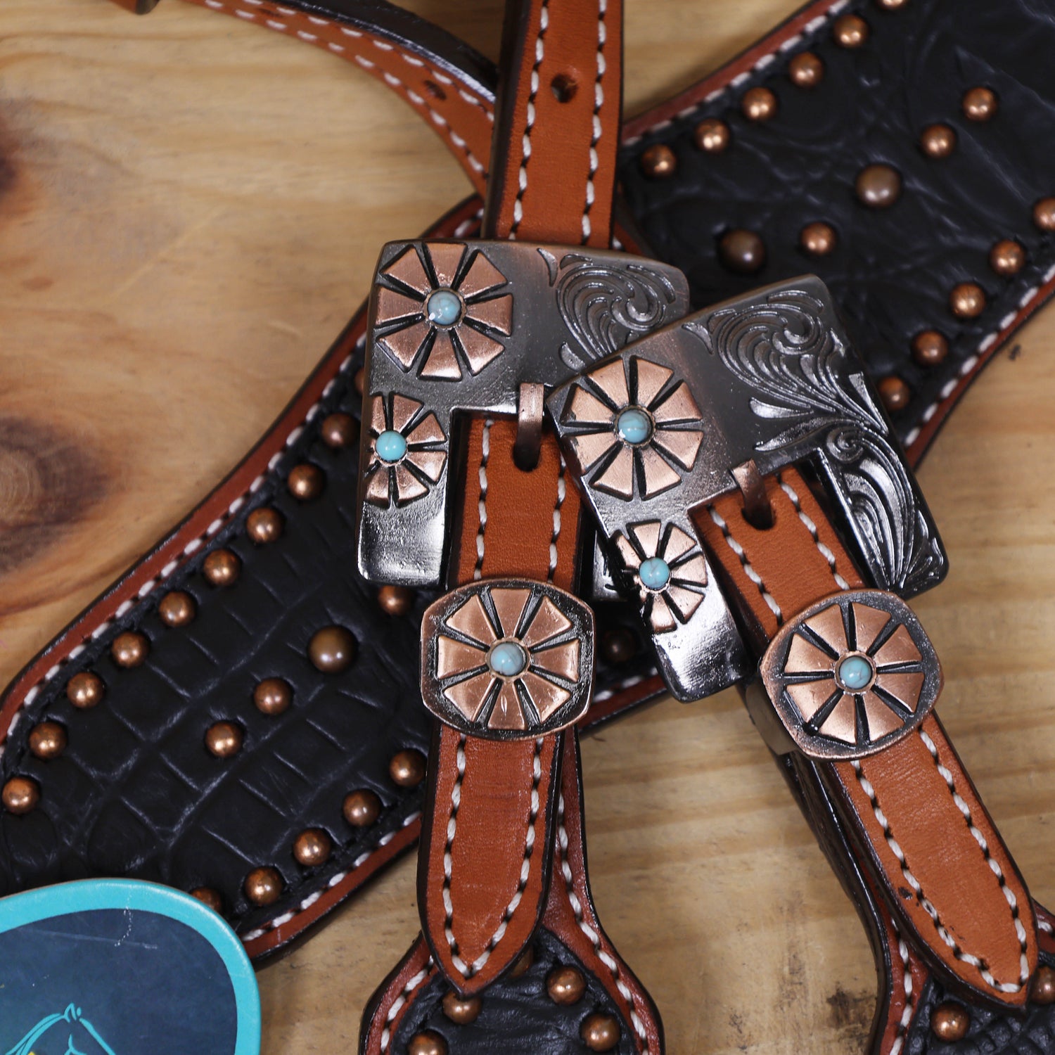 Western Headstall and Breast Collar Set with Plain Brown Leather with Black Alligator Leather Textured, Copper Studs, and Turquoise Stone Flower Conchos MOUSM