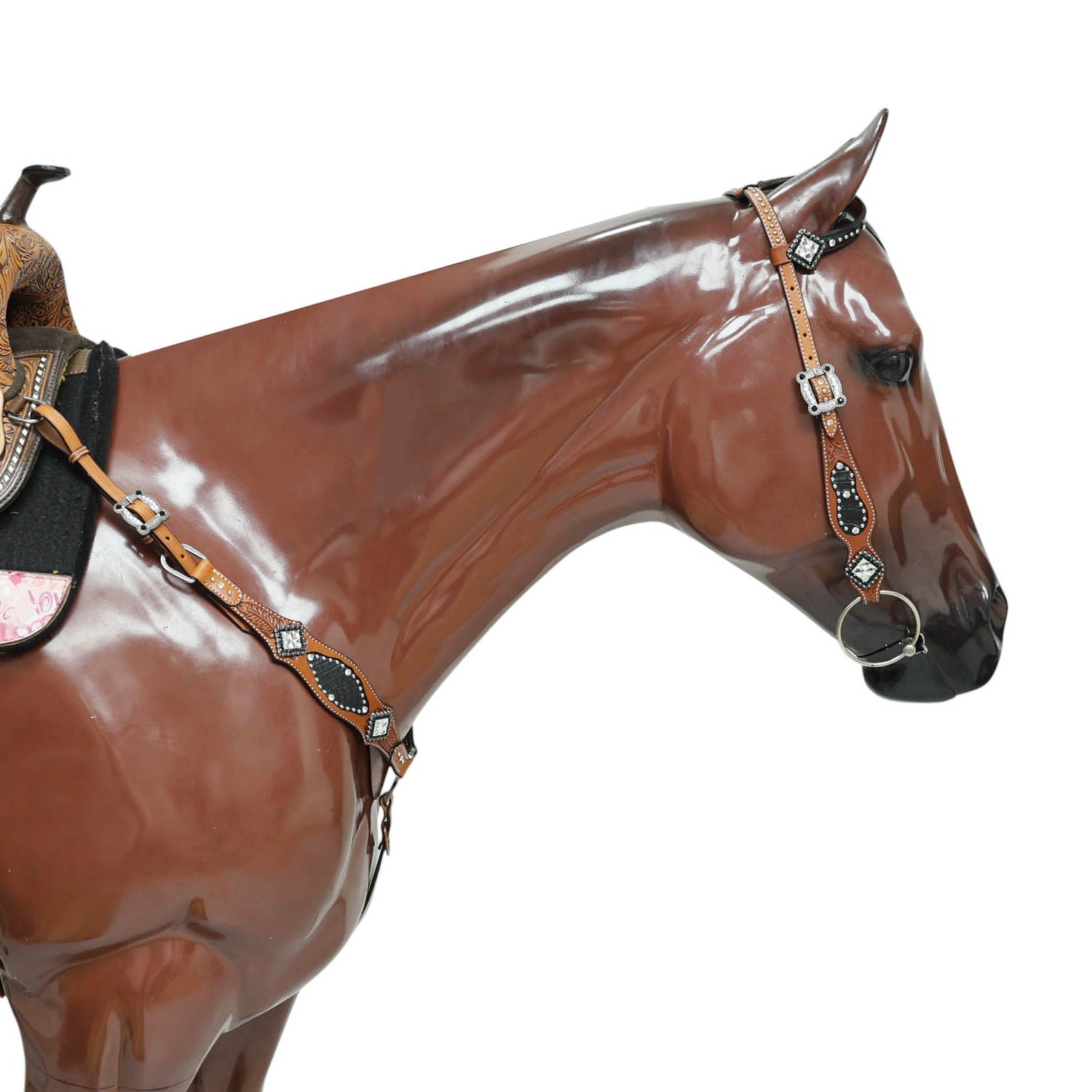 Western Horse Headstall Tack Set with Feather Carving, Black Alligator Leather Inlay, Silver Studs, and Clear Rhinestone Square Hardware MOUSM