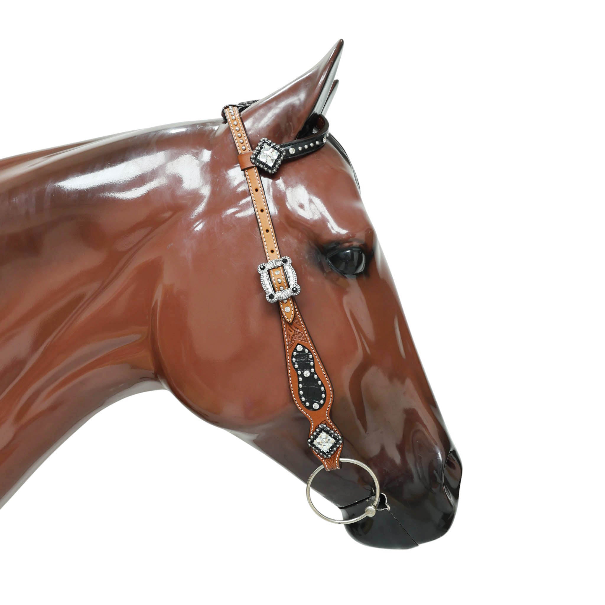 Western Horse Headstall Tack Set with Feather Carving, Black Alligator Leather Inlay, Silver Studs, and Clear Rhinestone Square Hardware MOUSM