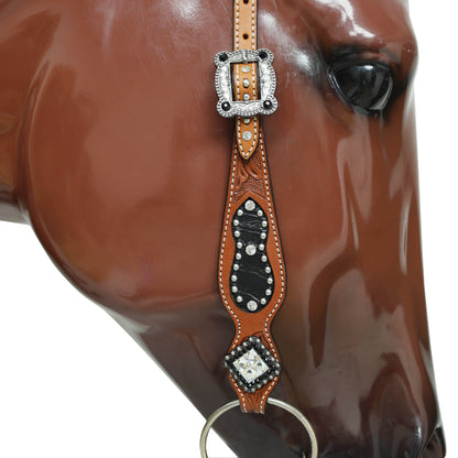 Western Horse Headstall Tack Set with Feather Carving, Black Alligator Leather Inlay, Silver Studs, and Clear Rhinestone Square Hardware MOUSM