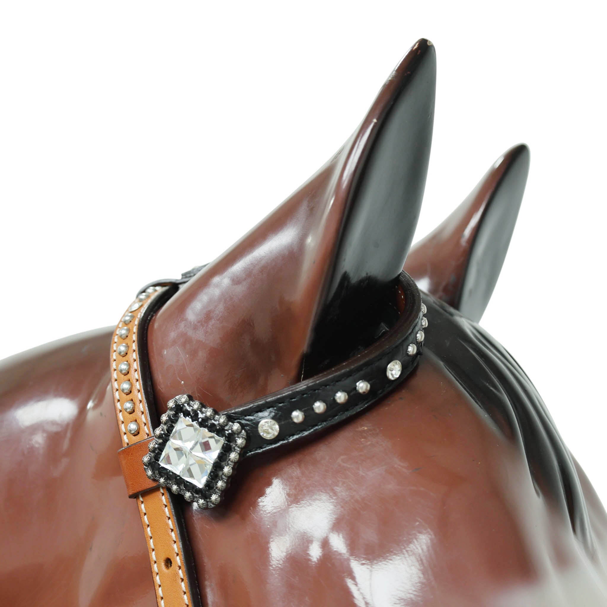 Western Horse Headstall Tack Set with Feather Carving, Black Alligator Leather Inlay, Silver Studs, and Clear Rhinestone Square Hardware MOUSM