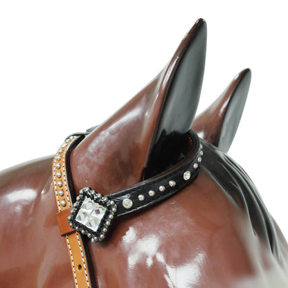 Western Horse Headstall Tack Set with Feather Carving, Black Alligator Leather Inlay, Silver Studs, and Clear Rhinestone Square Hardware MOUSM